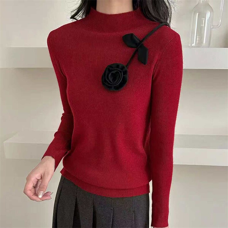 法式复古立体花朵毛针织衫女2025新款长袖修身显瘦打底衫毛衣内搭,针织衫/毛衣,佳绒包芯纱店