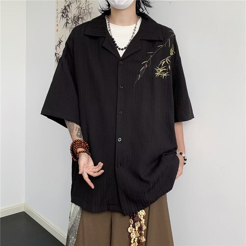夏季竹叶刺绣短袖衬衫男潮牌宽松韩系休闲半袖衬衣男CY1147-P30,男装T恤,星座412-3