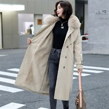 2025冬季新款简约时尚系带收腰气质真大毛领新派克服棉服，女装棉衣/棉服，卡杰菲