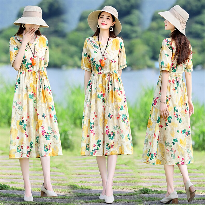 2024夏季新款简约时尚花边圆领系带收腰修身显瘦中长款印花连衣裙，女装连衣裙，伊航服饰