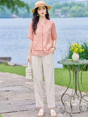现货2026年夏季新款中式时尚两件套装女小衬衫加马甲天丝麻小脚裤，女装套装/套裙，璐依舞