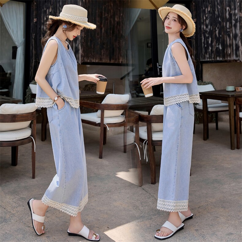 轻熟风蕾丝拼接马甲套装女夏季新款薄款时尚轻奢气质阔腿裤两件套，女装套装/套裙，臻衣坊