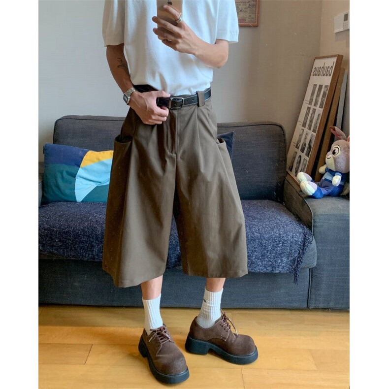 夏季日系复古简约纯色五分西裤男女学院风宽松阔腿坠感休闲短裤,男装牛仔裤,星座601-1