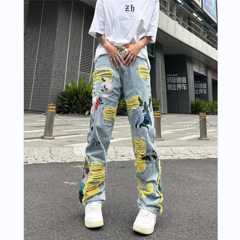 美式街头hiphop补丁刺绣破洞牛仔裤男小众设计感长裤RK607-P83,男装牛仔裤,星座412-3