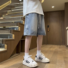 破洞美式牛仔短裤男士潮牌2025夏季薄款宽松半截水洗复古五分中裤，男装牛仔裤，四季星座505
