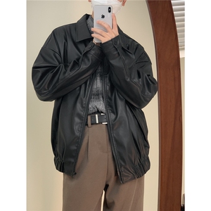 W639-P66 痞帅Pu皮衣小众设计感潮牌双拉链垫肩皮夹克男机车服图片