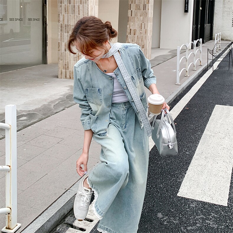 韩系chic穿搭牛仔上衣外套套装女春秋超火好看高级感阔腿裤两件套图片