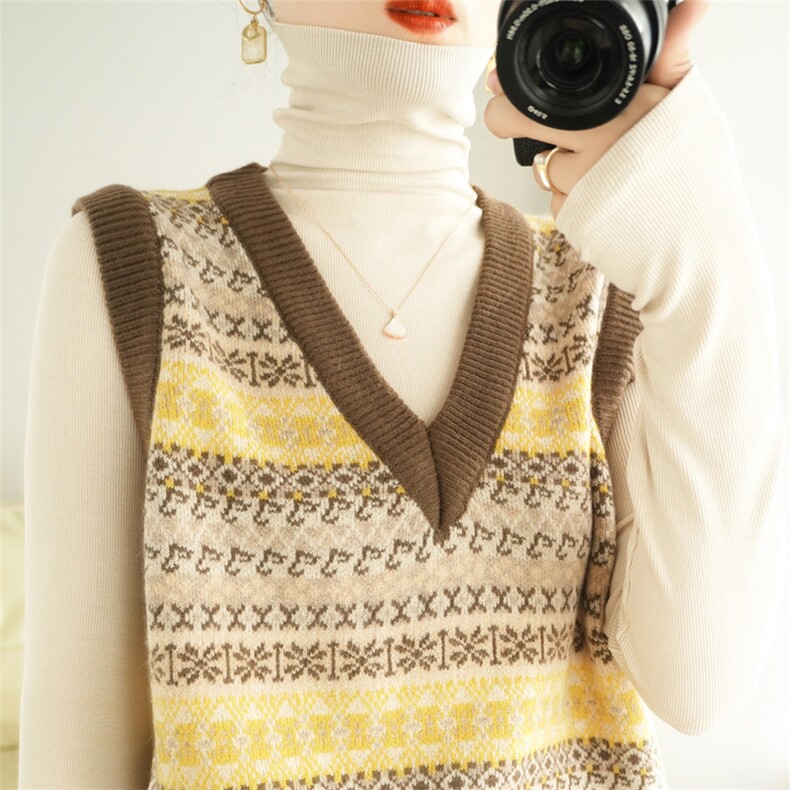 2025年秋季时尚百搭通勤简约休闲民族风雪花提花马甲，女装马甲，大美人包芯纱店