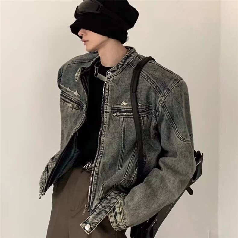 312-P63美式短款牛仔外套男高级感痞帅发型师潮牌,男装工装外套,电商B323A