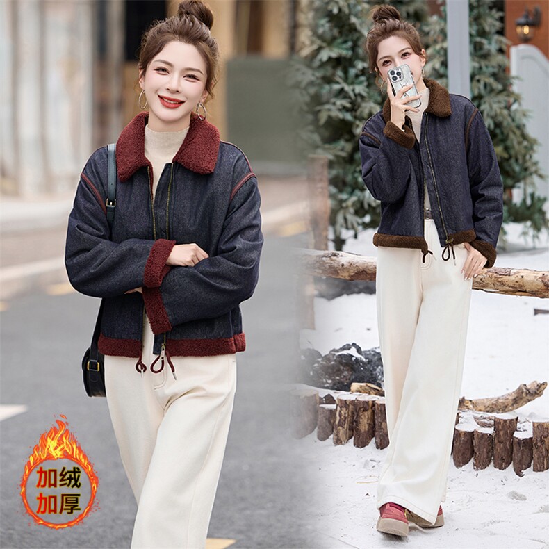 时尚拼接翻领加绒牛仔短外套女2024冬季新款小个子休闲羊羔毛棉服,女装牛仔外套,美拉德工厂直营店