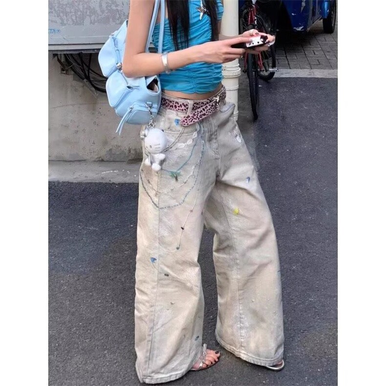 美式复古3D印花设计牛仔裤男女夏季新款宽松高腰阔腿潮牌直筒长裤,男装牛仔裤,星座1210-1