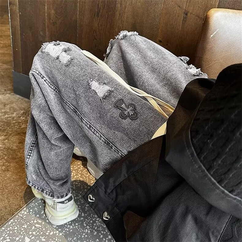 破洞牛仔裤男夏季薄款松紧腰裤子潮牌美式高街垂感阔腿裤6086/P48,男装牛仔裤,星座506
