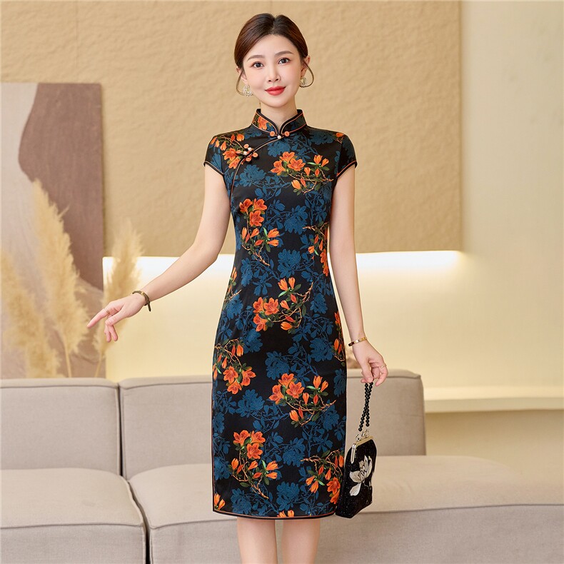 杭州品质真丝中长裙复古印花连衣裙女春夏日常修身潮流真丝旗袍,女装汉服/婚纱/旗袍/礼服,小荷流