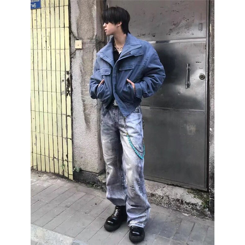 美式复古立领牛仔外套男女春秋冬季潮流vintage加绒加厚棉服夹克,男装工装外套,四季星座505