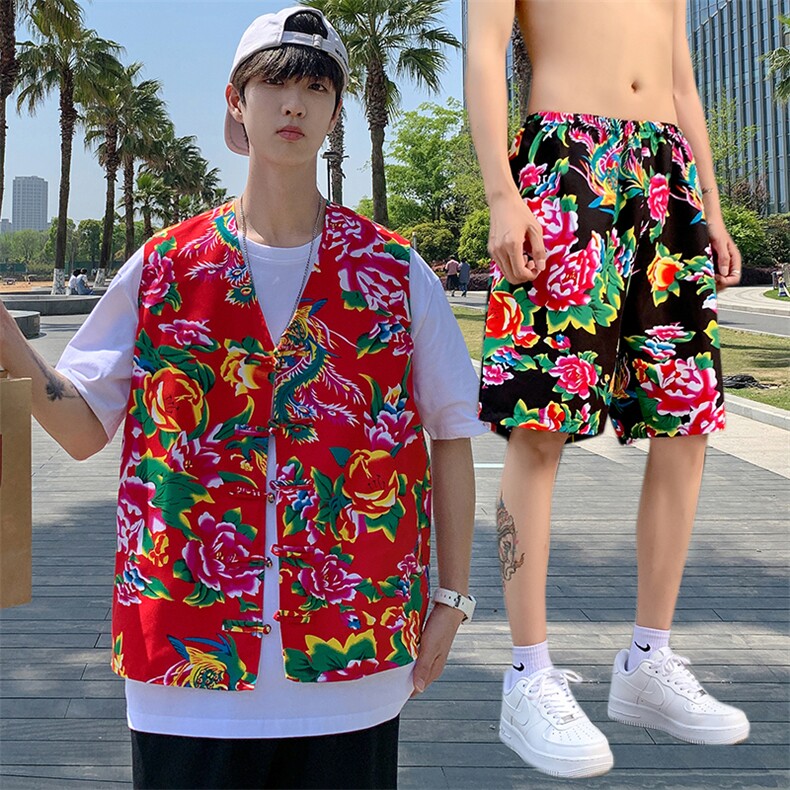 TZ02东北大花民族风风马甲短裤套装大码抖音网红同款汉服男女，男装休闲套装，星座115A(原星座507）