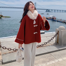 现货2D078-W6728-P195K298夹棉风呢料围脖毛领红色呢大衣，女装毛呢外套，2D078