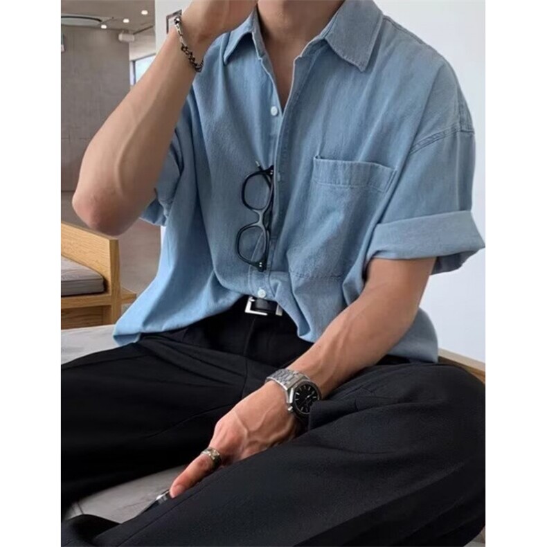 水洗复古牛仔衬衫男短袖青年休闲工装口袋蓝色衬衣夏季上衣C917,男装T恤,星座1116A（原606A-3）