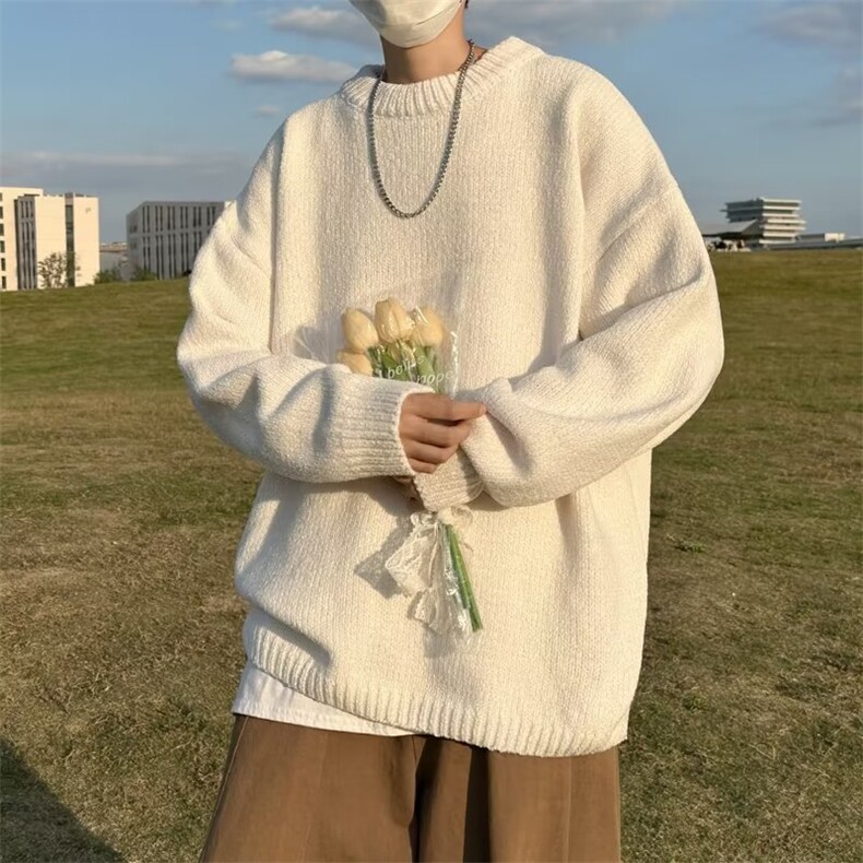 美式街头设计感圆领毛衣男慵懒风休闲针织衫M728P40图片