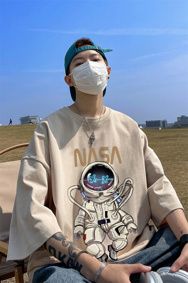 太空宇航员短袖T恤男夏季潮牌ins大码上衣服2025新款宽松半袖体恤,男装T恤,星座508（原C305）