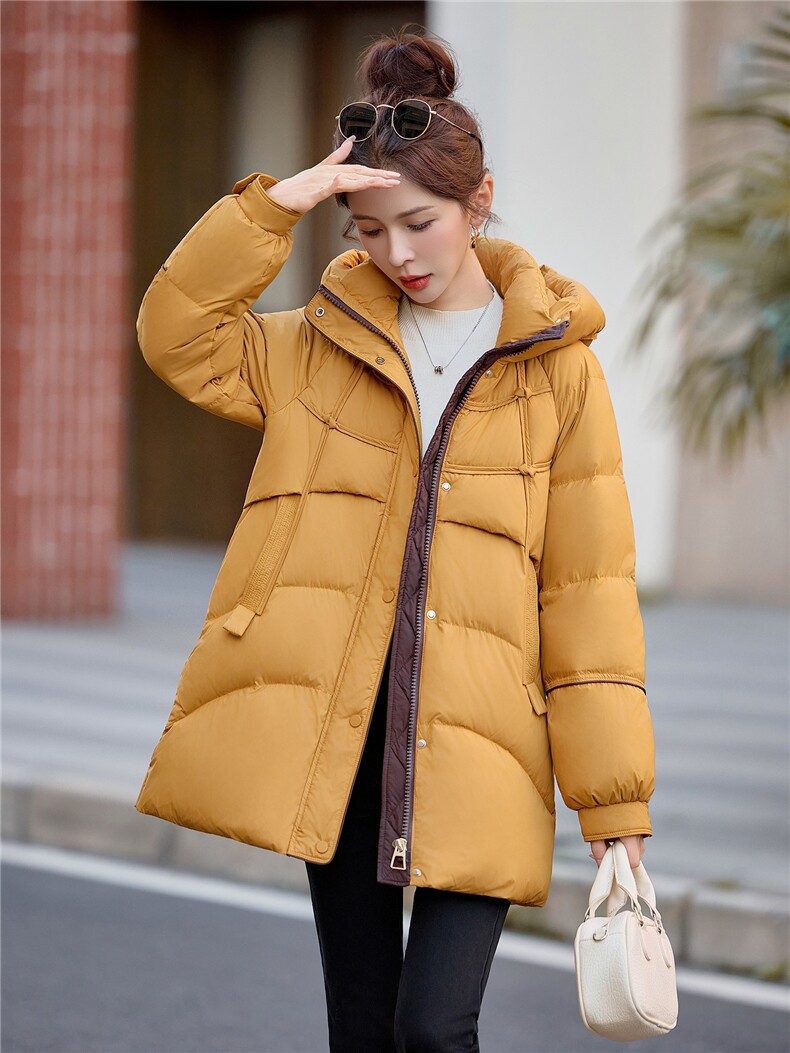 2025新品时尚中长款连帽羽绒服保暖防寒羽绒外套,女装羽绒服,余墨
