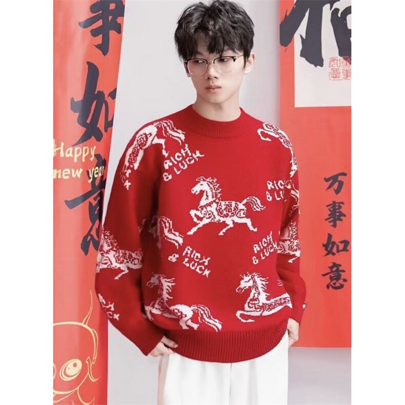 1506/Q93990/P52红色新年款卡通休闲上衣潮男马年本命年毛衣女,男装针织衫/毛衣,星座1506
