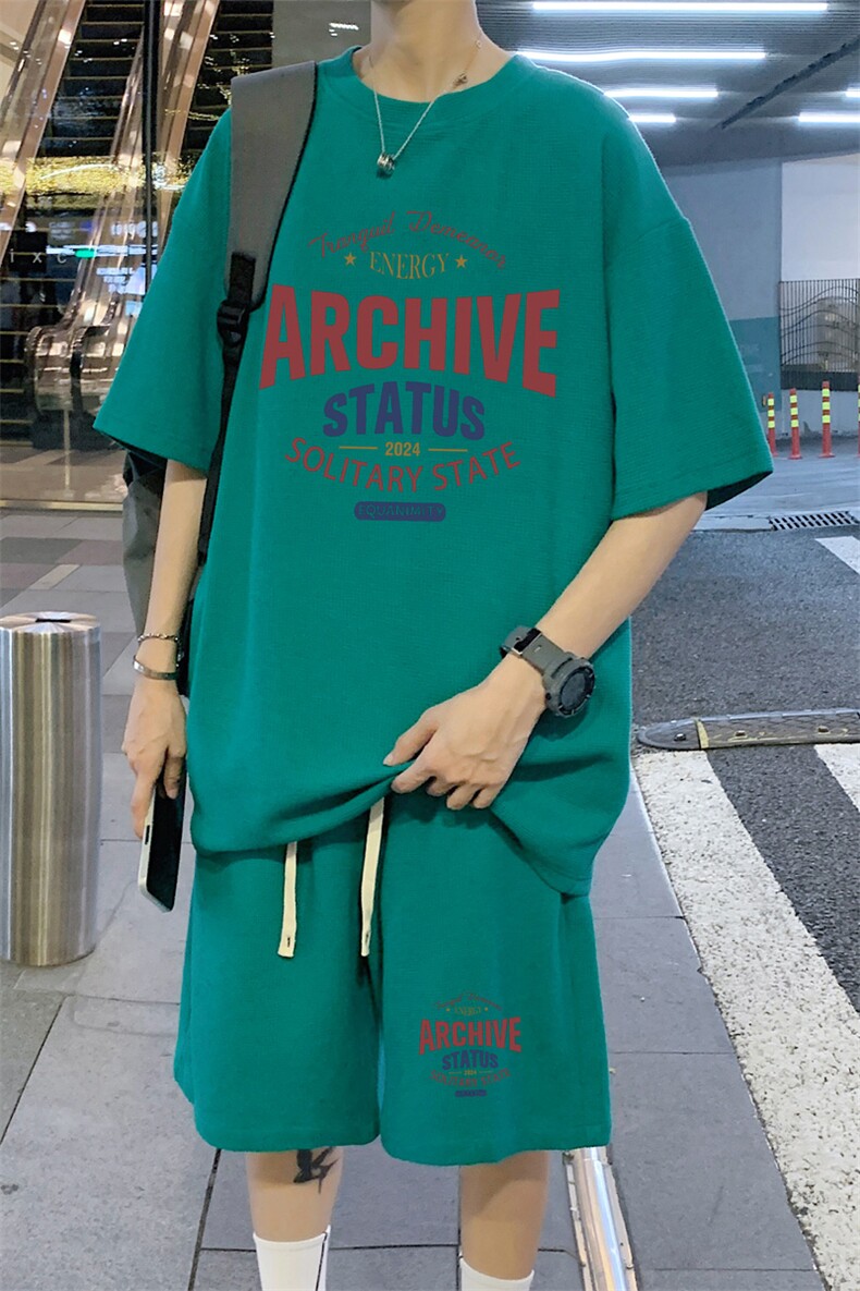 ！2024夏季新款男士华夫格短袖T恤套装学生一套HTZ80P50,男装T恤,电商B220