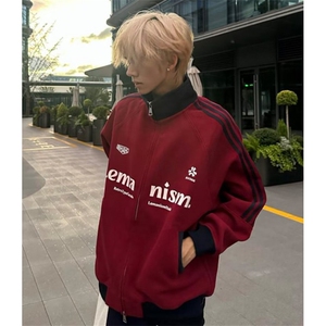 侧条纹棒球服男款秋冬麂皮绒运动夹克高街痞帅外套 WY33图片