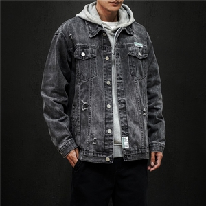 jk675-p75M-5XL黑墙ins牛仔夹克拉链破洞大码男日系CITYBOY