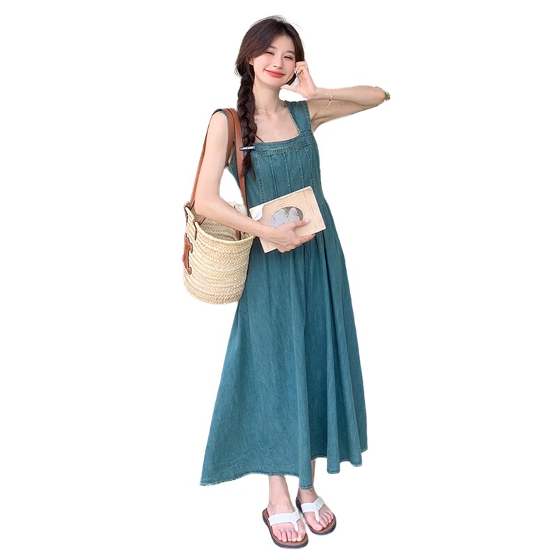 法式减龄盐系牛仔吊带连衣裙女2025夏季新款韩版收腰显瘦度假长裙,女装连衣裙,2C057