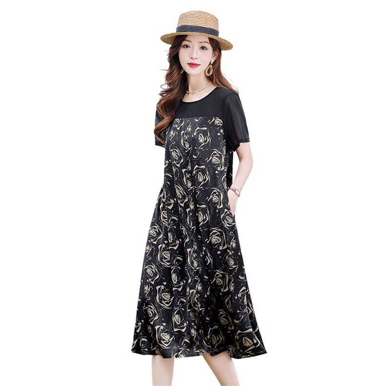 复古印花拼接连衣裙女2025夏新款时尚显瘦宽松休闲慵懒风T恤裙子,女装连衣裙,靓衣阁