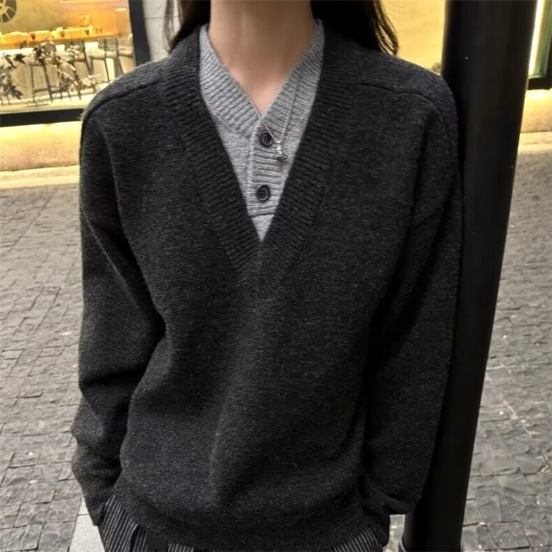 日美式毛衣男女V领早秋设计感小众假两件复古重磅针织衫外套新款,男装针织衫/毛衣,星座506A
