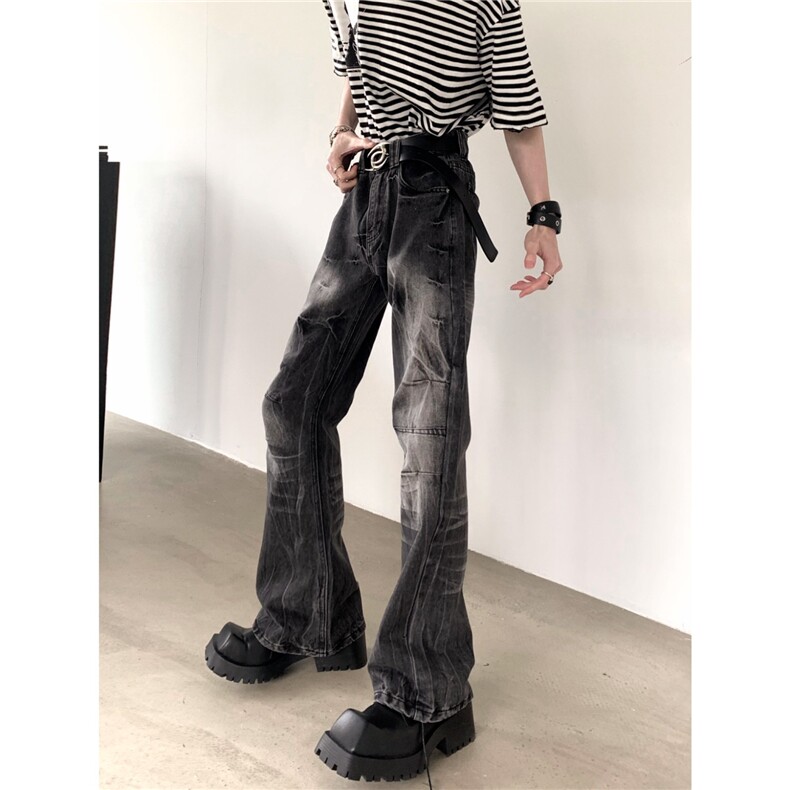 复古褶皱闪电纹黑色牛仔裤男女做旧水洗设计感堆积感高街微喇裤潮，男装牛仔裤，星座506A