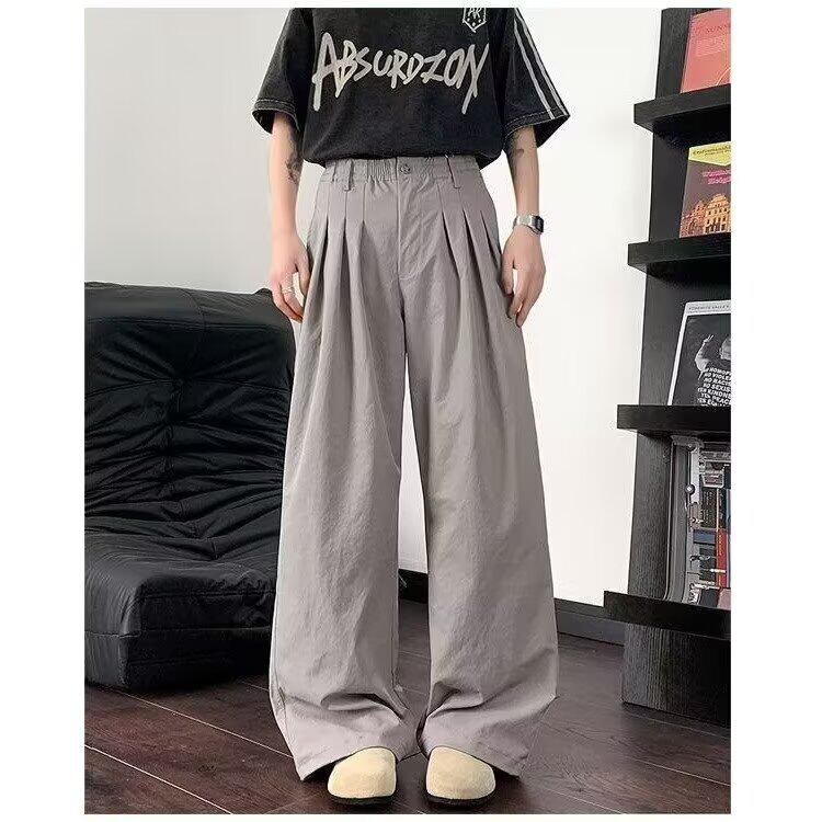韩版直筒凉感弯刀西裤男士阔腿百搭阔腿褶皱设计感显瘦拖地休闲裤,男装西裤,星座506A