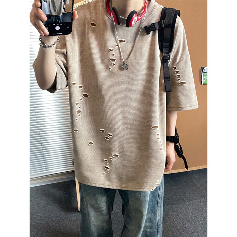 美式破洞短袖T恤男夏季潮牌半袖衣服宽松重磅体恤衫T3650-特价P33,男装T恤,电商A007