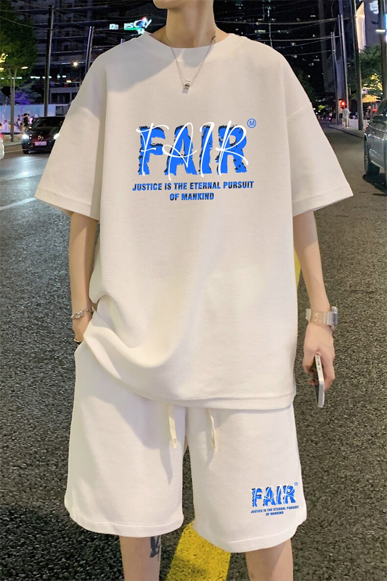 ！2024夏季男士字母印花华夫格短袖套装学生一套HTZ17P50,男装T恤,电商B220