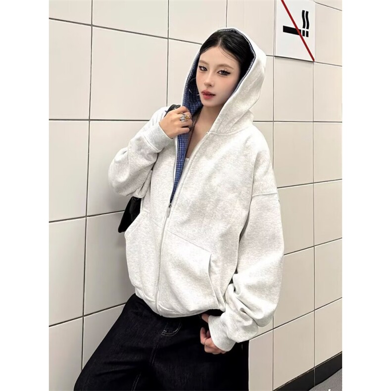 开衫连帽卫衣外套男女秋冬2025新款拼接格子设计感宽松上衣,女装短外套,星座410-7