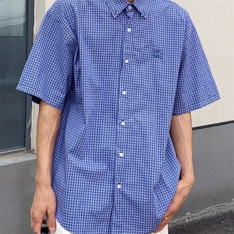 美式复古慵懒高级感蓝色格子长袖衬衫男女宽松百搭休闲刺绣衬衣潮,男装衬衫,星座506A