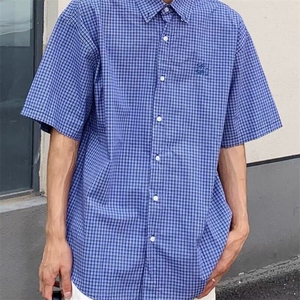美式复古慵懒高级感蓝色格子长袖衬衫男女宽松百搭休闲刺绣衬衣潮图片