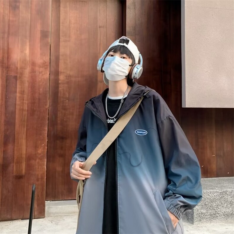 法式情侣装秋装夹克外套男渐变色薄款上衣连帽薄款潮牌港风宽松图片
