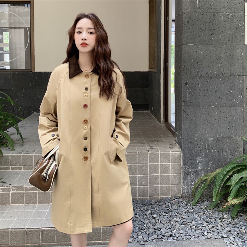 灯芯绒领工装风衣外套女春秋2025新款中长款流行高级感学院风大衣,女装风衣,2C372