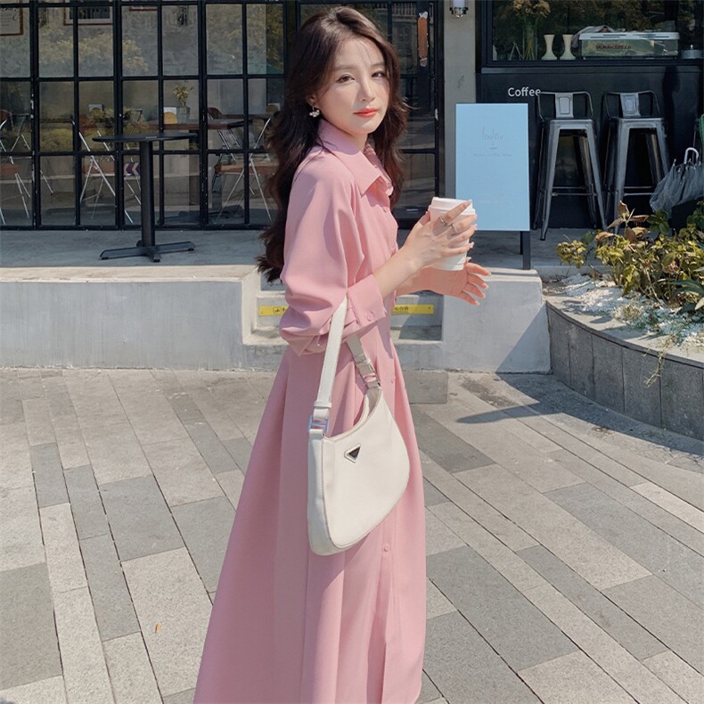 粉色法式长袖衬衫连衣裙女2025春新款今年流行收腰多巴胺穿搭裙子,女装连衣裙,浙宝276（原081）