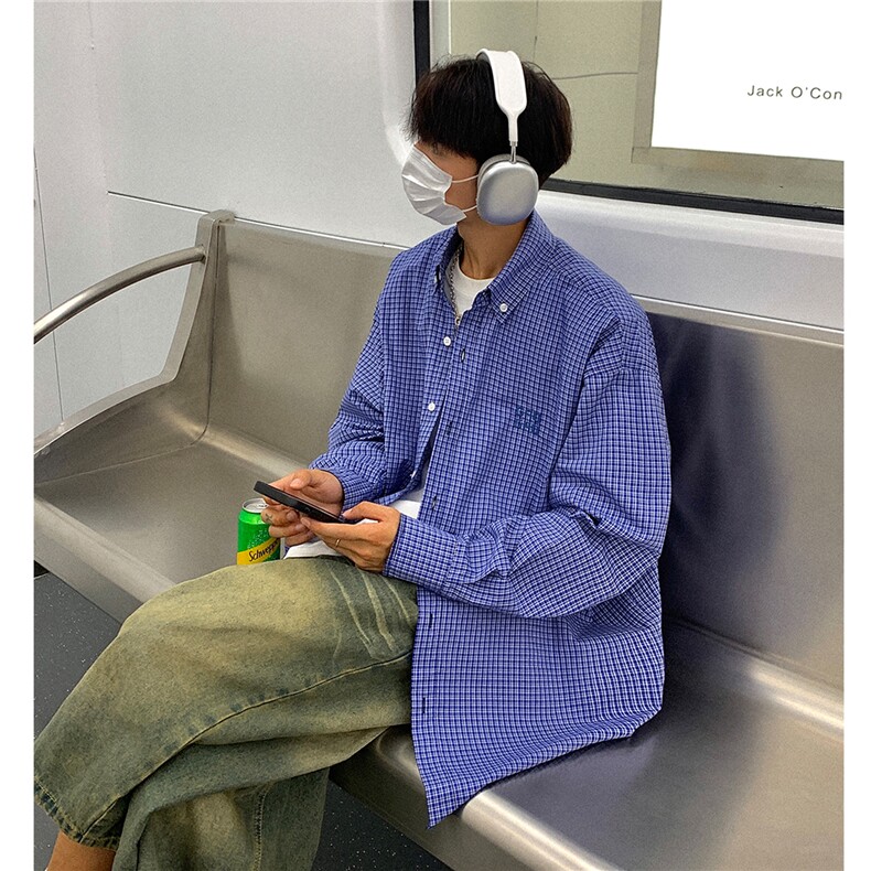 24美式复古蓝色格子长袖衬衫中性宽松绣花衬衫外套男女H993P58,男装衬衫,电商A341