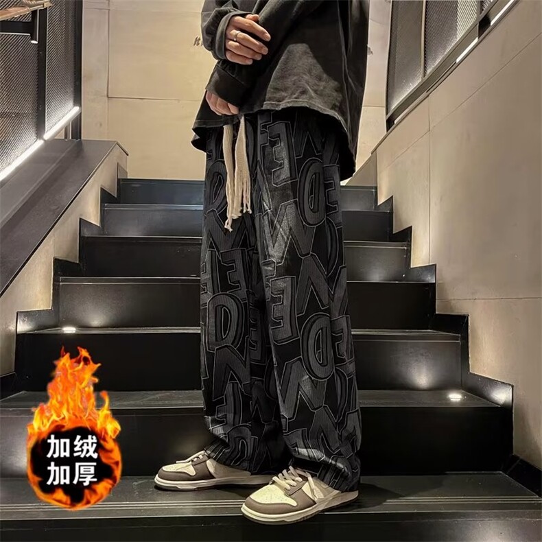 秋冬加绒加厚休闲裤男ins潮牌痞帅宽松阔腿裤复古直筒Z92A-P45图片