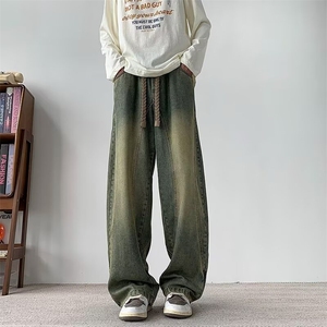 阔腿弯刀牛仔裤男款秋冬季加绒美式直筒休闲长裤加肥加大码裤子男图片