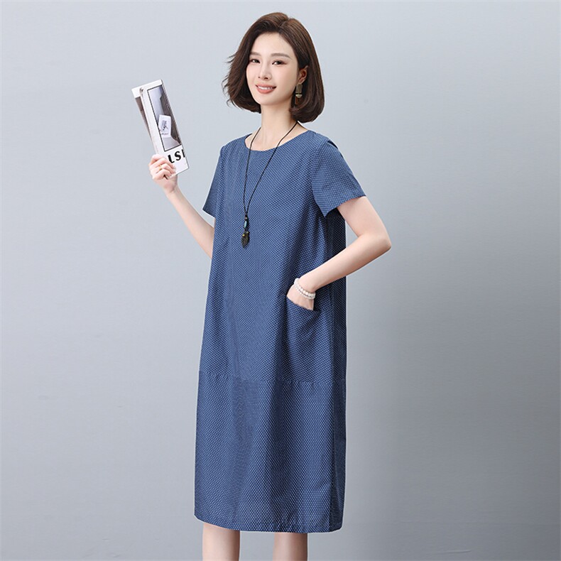 圆点连衣裙女2024新款夏季宽松全棉直筒裙显瘦妈妈遮肚子休闲裙子,女装连衣裙,依恋蒂丝