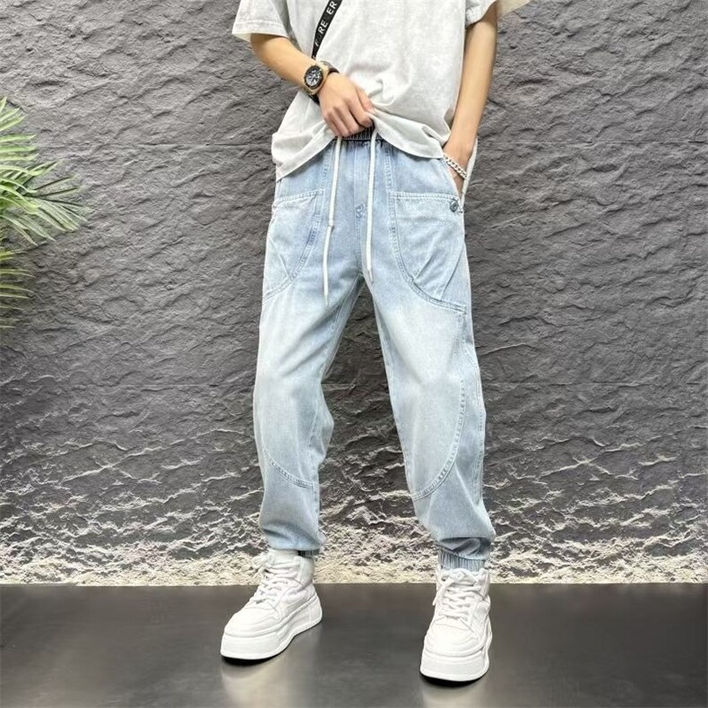 男士2025薄款牛仔裤宽松新款时尚潮流口袋束脚休闲裤复古水洗哈伦,男装牛仔裤,星座506A