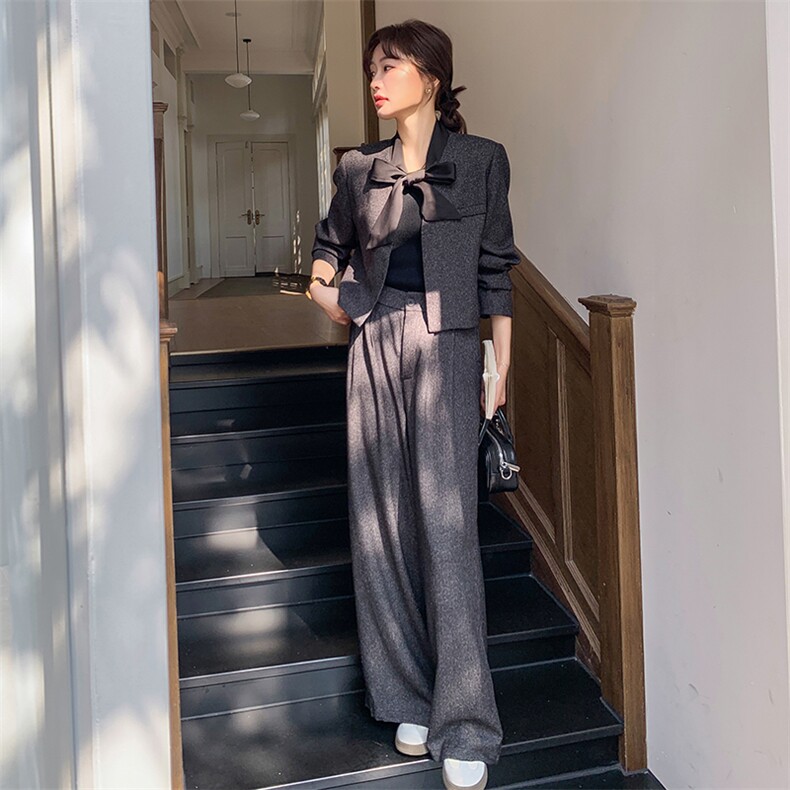 高级感小香风套装女2025春季新款蝴蝶结系带外套阔腿裤显瘦两件套,女装套装/套裙,2C095