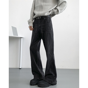cleanfit美式弯刀牛仔裤男女小众解构高级感阔腿裤水洗做旧微喇裤图片