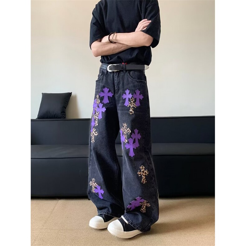 美式高街牛仔裤男女韩版潮十字架贴布2025夏秋ins长裤RK3013-P63，男装牛仔裤，星座412-2