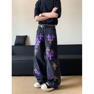 美式高街牛仔裤男女韩版潮十字架贴布2025夏秋ins长裤RK3013-P63，男装牛仔裤，星座412-2